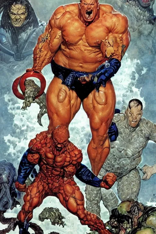 Image similar to full body and head portrait of martyn ford as marvel's the thing, dynamic action, painted by norman rockwell and phil hale and greg staples and tom lovell and frank schoonover and jack kirby, single character