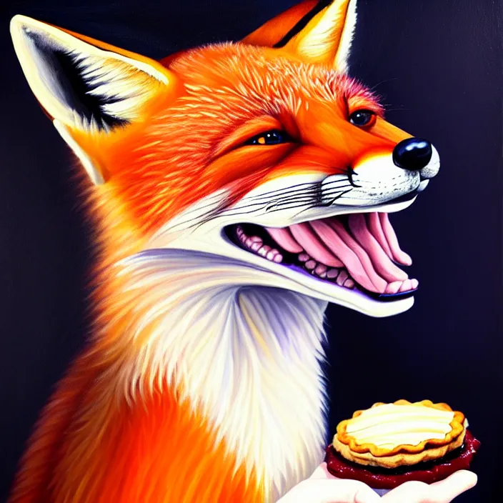 Image similar to a painting of a photorealistic anthropomorphic male red fox in a nice suit eating a slice of blueberry pie, oil on canvas, soft lighting, vivid colors