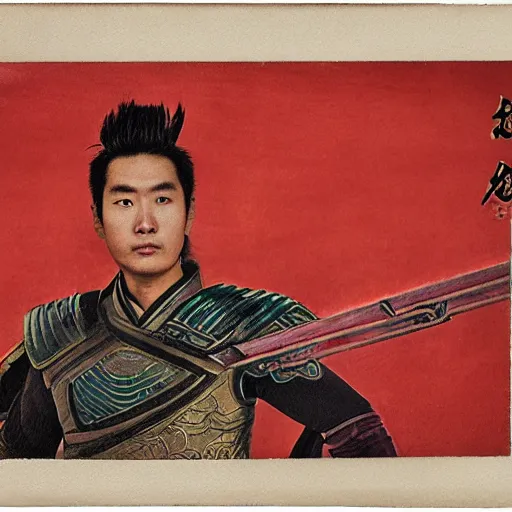 Prompt: zhao yun by julie mehretu : : very detailed, comic, 4 k, golden ratio, comic book, red, ancient chinese, chinese, han dynasty, 1 9 6 0 s, heated polaroid, fire, mars, crimson, east, volcano, intensity, hate, scorched, headshot, scaly : : superhero portrait looking away