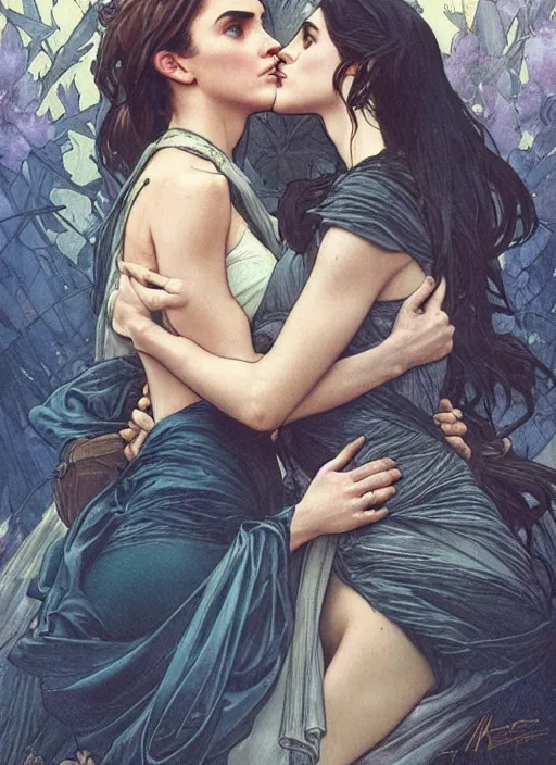 Image similar to megan fox kissing emma watson. beautiful detailed face. by artgerm and greg rutkowski and alphonse mucha