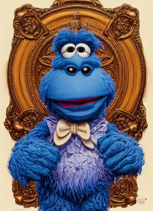 Image similar to portrait of Grover muppet in Society (1989), intricate, highly detailed, centered, digital painting, artstation, concept art, smooth, sharp focus, illustration, artgerm, donato giancola, Joseph Christian Leyendecker, Les Edwards, Ed Repka, WLOP, Artgerm