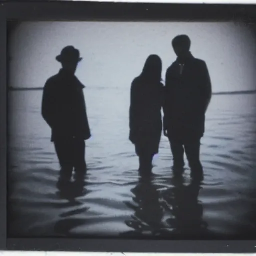 Prompt: an old polaroid of the silhouette of three friends standing in front of a flooded german town, chiaroscuro
