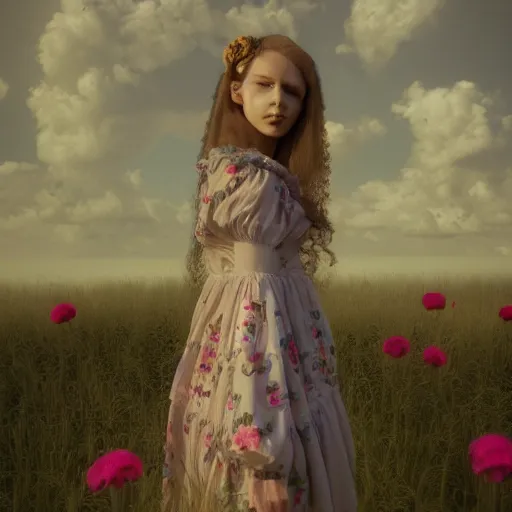 Image similar to 8 k, octane render, realism, tonalism, renaissance, rococo, baroque, cotton candy, portrait of a creepy young lady wearing long 1 9 7 0 s babydoll dress with flowers and skulls