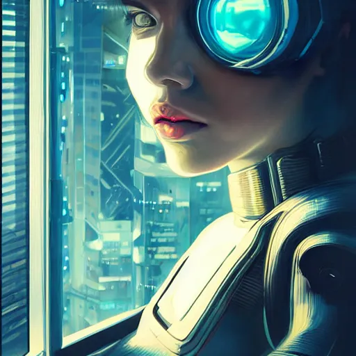 Image similar to portrait of cyberpunk woman looking out of a window, cyberpunk setting, futuristic, highly detailed, intricate lighting, digital painting, sharp focus, illustration, trending on artstation, art by wlop.