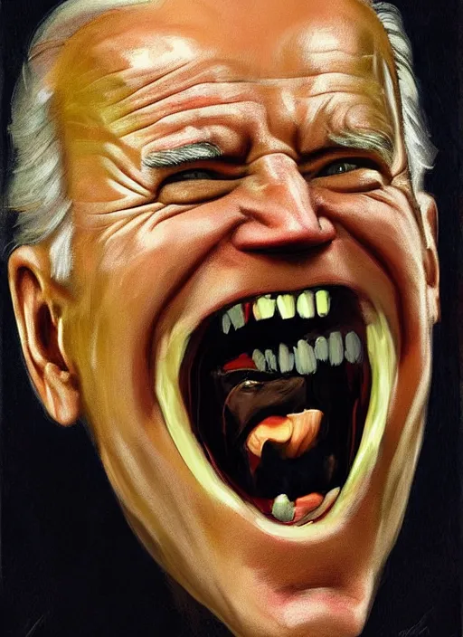 Image similar to joe biden mouth open, teeth and uvula!!!!!!!!! showing, drool, laugh fear!!!!!! scary, painting by phil hale, fransico goya,'action lines '!!!, graphic style, visible brushstrokes, motion blur, blurry, visible paint texture, crisp hd image