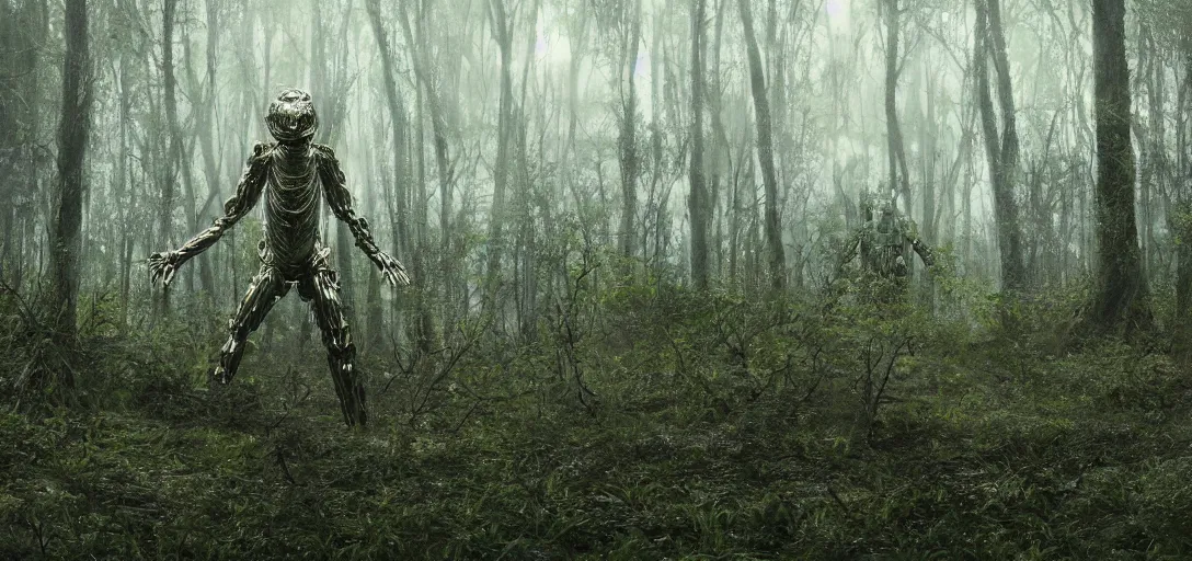 Image similar to a complex organic fractal 3 d metallic symbiotic ceramic humanoid megastructure creature in a swampy lush forest, foggy, cinematic shot, photo still from movie by denis villeneuve, manga style by junji ito