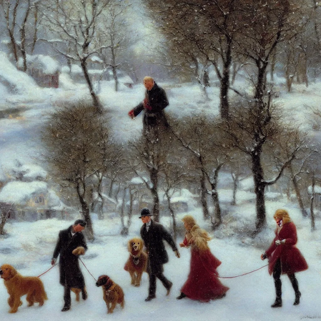Prompt: Painting of a man and a woman walking their golden retriever dog in a snowy path, romantic, painted by Delphin Enjolras