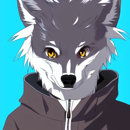 Image similar to key anime visual portrait of an anthropomorphic anthro wolf fursona, in a jacket, with handsome eyes, official modern anime art