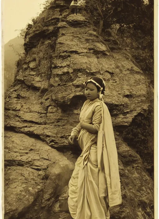Prompt: vintage_portrait_photo_of_a_beautiful_beautifully_lit_nepalese_Victorian_woman_in_a_lush_valley_with_a_tibetan_monastery_on_a_rock_in_the_background