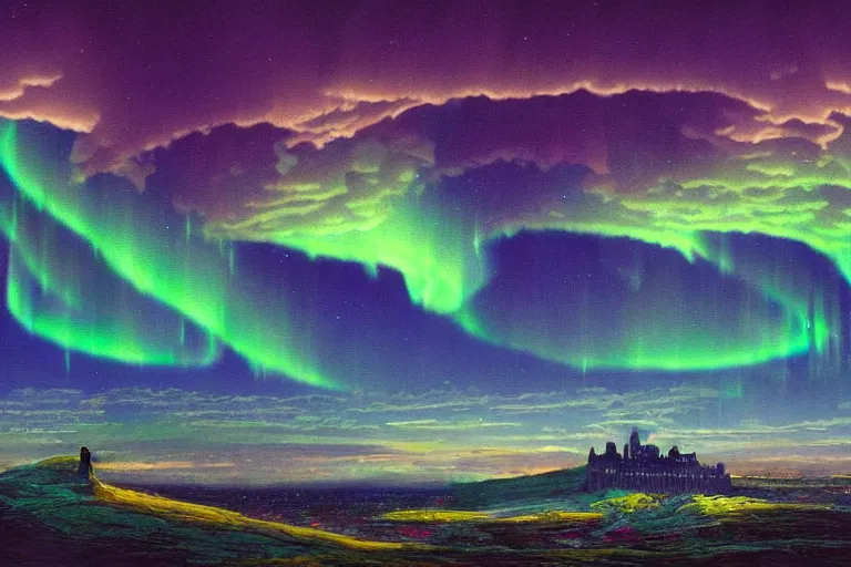 Prompt: Gigantic cloudscape of a celestial palace with the aurora borealis in the background, modern acrylic masterpiece by Katherine Dinger, Dan Mumford and Albert Bierstadt, trending on Artstation, intricate, rectilinear