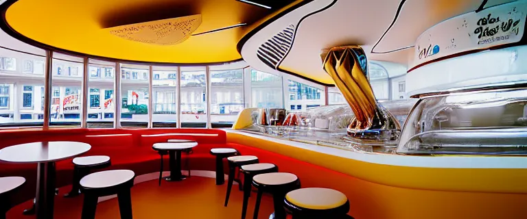 Prompt: busy ice cream cafe interior by zaha hadid, highly detailed, scoop bar, architectural digest, archdaily, sharp focus, kodak ektar 1 0 0, cooke lens 2 2 mm f 1. 8, architectural photography