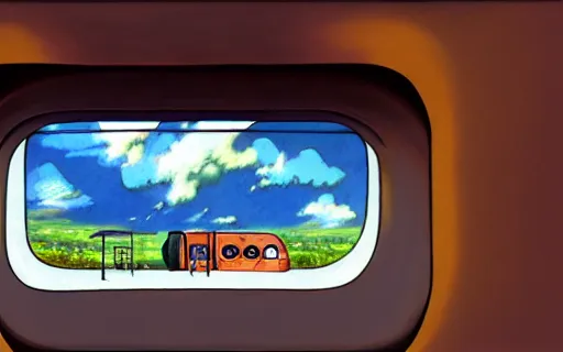 Prompt: a train with outer space visible through the window, art by hayao miyazaki, studio ghibli film, hi res, 4k, high detail