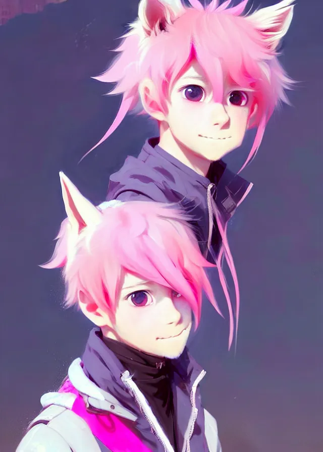 Image similar to portrait of a cute anime boy with pink hair and pink wolf ears and pink wolf tail wearing stylish clothes in a city | | highly detailed digital art painting by ruan jia, cory loftis, jeremy mann. artstation, pinterest, volumetric lighting, subsurface scattering, photorealistic, octane render, random artists