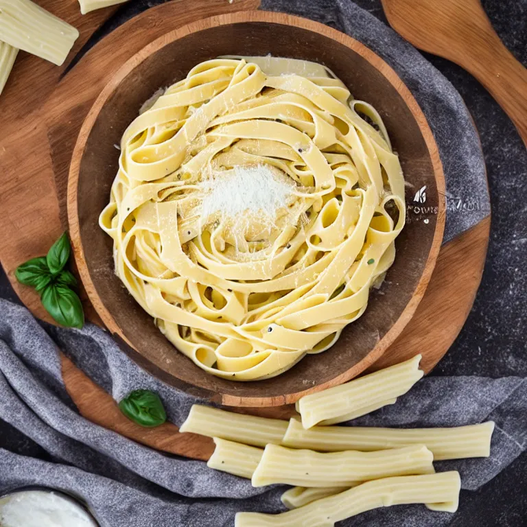 Image similar to a creamy fettuccine pasta in a parmesan cheese wheel, food photography