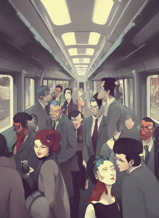 Prompt: people in grey suits in an overcrowded tram, depressed mood, in the style of artgerm, gerald brom, atey ghailan and mike mignola, vibrant colors and hard shadows and strong rim light, plain background, comic cover art, trending on artstation