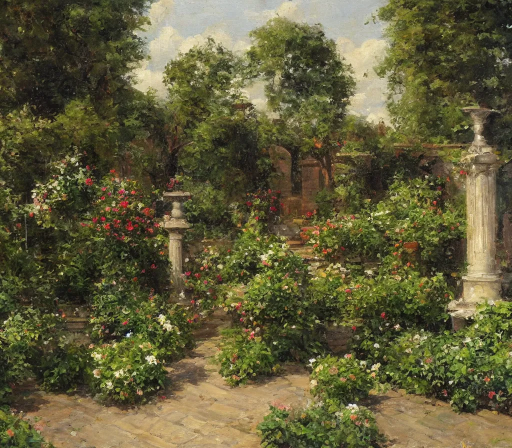 Prompt: Small garden with hedges, center fountain. Paving stones. Vegetable garden, some flowers. history painting, artificial sun light, peaceful tiny walled garden, artstation, oil on canvas, by Albert Aublet, Private Collection