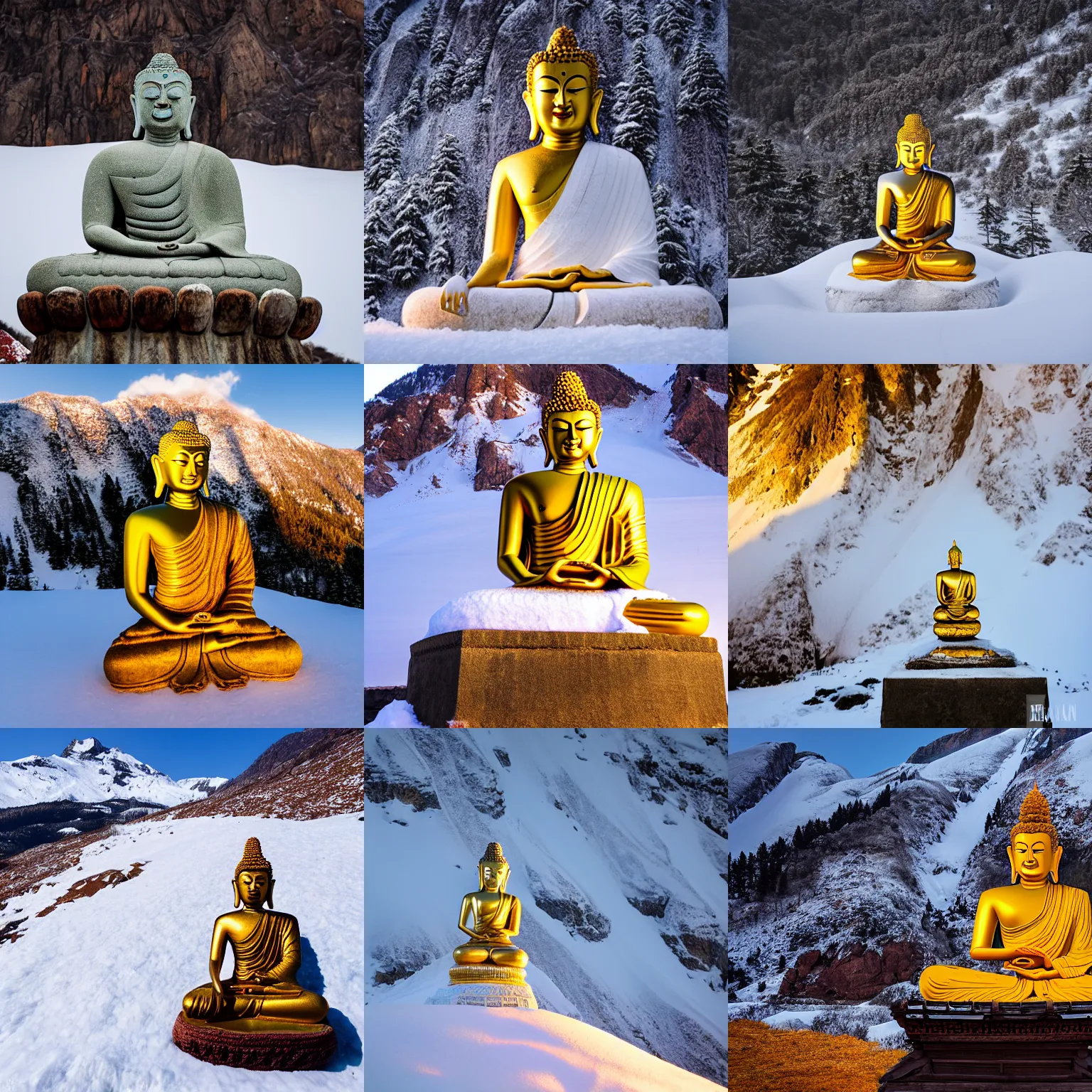 Prompt: A Buddha statue embedded in the snow mountain, golden light