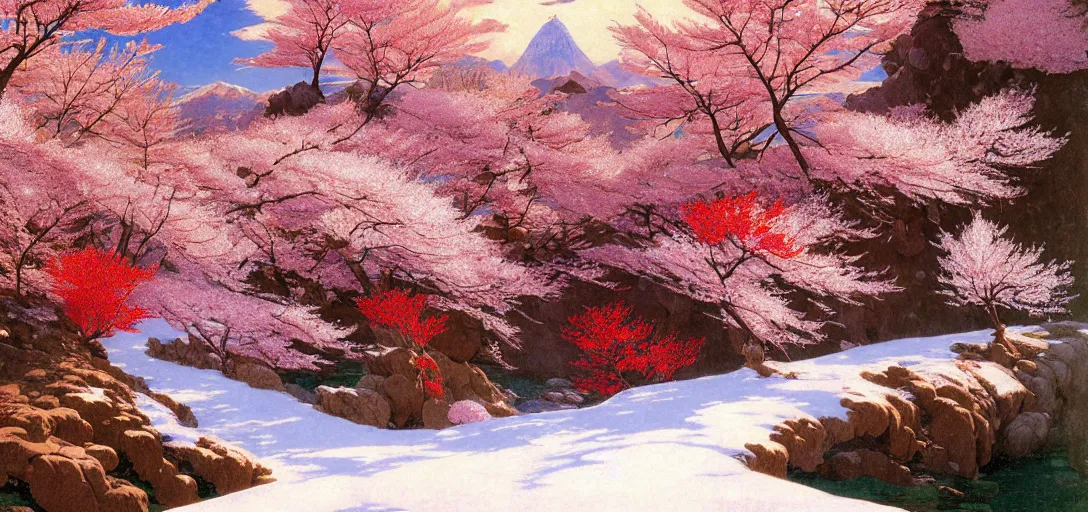 Image similar to ghibli illustrated background of a trail leading through a strikingly beautiful snowy landform with strange rock formations and red water, and cherry blossoms by vasily polenov, eugene von guerard, ivan shishkin, albert edelfelt, john singer sargent, albert bierstadt 4 k