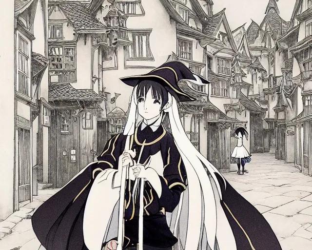 Image similar to ( majo no tabitabi ), key anime visual portrait of a young female witch walking through a busy medieval village, dynamic pose, dynamic perspective, cinematic, dramatic lighting, detailed silhouette, anime proportions, alphonse mucha, perfect anime, yoh yoshinari, ( yuki urushibara )