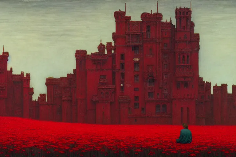 Image similar to only with red, red flowers of different types, red castle in background, red medieval big goblins, in the style of beksinski, parts by edward hopper, parts by rodcenko, parts by yue minjun, intricate and epic composition, red by caravaggio, insanely quality, highly detailed, masterpiece, red light, artstation, 4 k