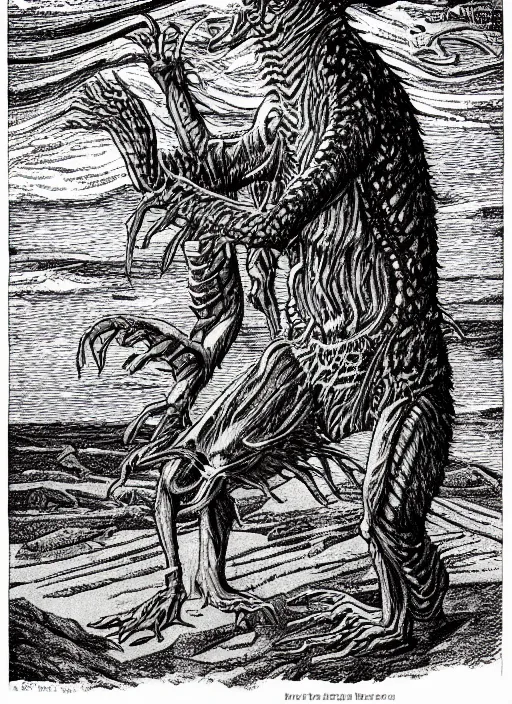 Prompt: a montauk monster as a D&D monster, full body, pen-and-ink illustration, etching, by Russ Nicholson, DAvid A Trampier, larry elmore, 1981, HQ scan, intricate details, Monster Manula, Fiend Folio