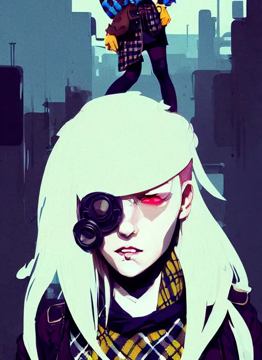 Image similar to highly detailed closeup portrait of a sewer punk lady thief student, tartan vestments, blonde hair by atey ghailan, by greg rutkowski, by greg tocchini, by james gilleard, by joe fenton, by kaethe butcher, gradient, blue, black, brown and cream color scheme, grunge aesthetic!!! white graffiti tag wall background