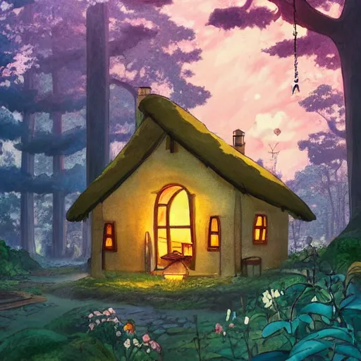 Image similar to a cozy cottage in an overgrown forest, anime, cartoon, studio Ghibli style, golden hour