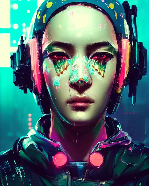 Image similar to detailed portrait Neon Operator Girl, cyberpunk futuristic neon, reflective puffy coat, decorated with traditional Japanese ornaments by Ismail inceoglu dragan bibin hans thoma greg rutkowski Alexandros Pyromallis Nekro Rene Maritte Illustrated, Perfect face, fine details, realistic shaded, fine-face, pretty face