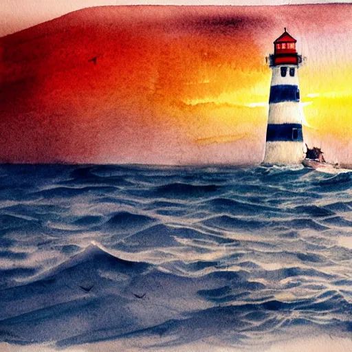 Prompt: Complex hyperdetailed serene masterpiece sketch of a captivating lighthouse, single sailboat catching the smooth breeze, by Orris Moe, complex detailed watercolor painting, cinematic lighting.