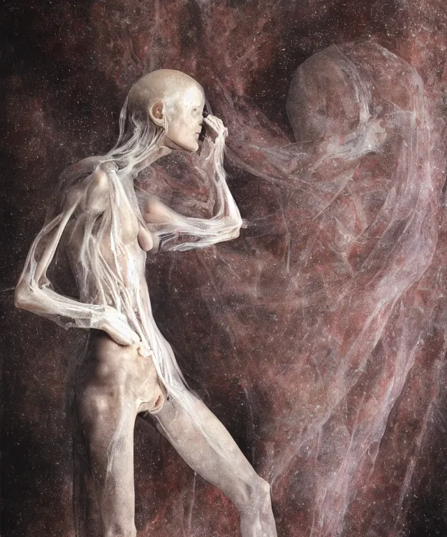 Image similar to Beautiful full-body wax sculpture of glowing transparent woman with visible bones covered with melted white candle wax inside the singularity where stars becoming baroque folds of dark matter by Michelangelo da Caravaggio, Nicola Samori, William Blake, Alex Grey and Beksinski, dramatic volumetric lighting, highly detailed oil painting, 8k, masterpiece