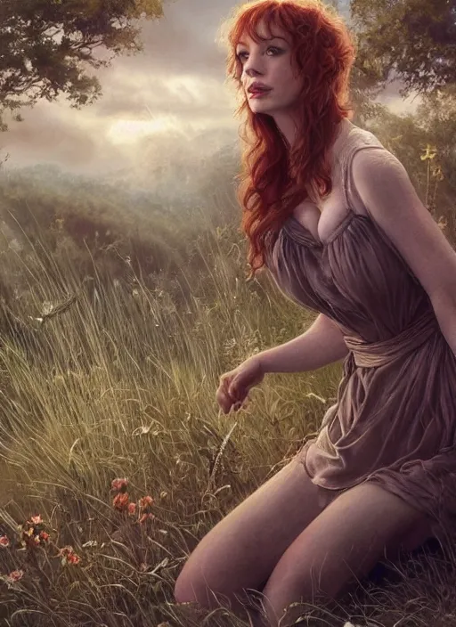 Image similar to Christina Hendricks taking a rest in a meadow after an long adventure, a ruggedly muscled handsome heroine, intricate, elegant, highly detailed, centered, digital painting, artstation, concept art, smooth, sharp focus, illustration, artgerm, donato giancola, Joseph Christian Leyendecker, WLOP, Artgerm, thunder storm