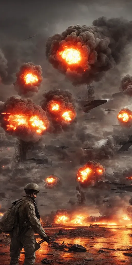 Image similar to concept art, world war iii, war scenes, mushroom clouds raised by nuclear explosions, call of duty future war, smooth lines, high detail, 8 k, octane rendering, unreal engine.