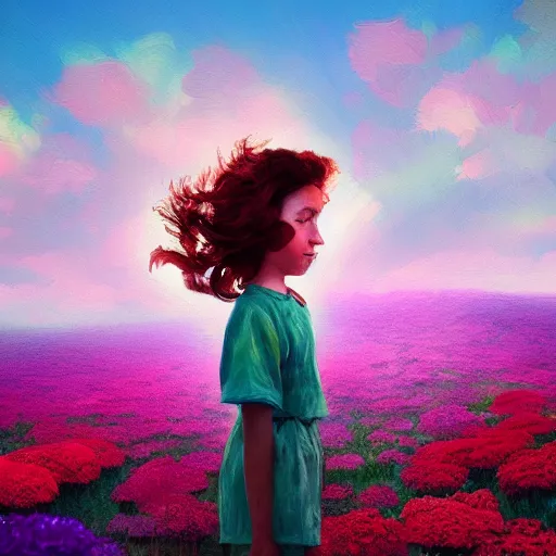 Prompt: face of carnations flower, girl standing in a flower field, surreal photography, sunrise dramatic light, impressionist painting, colorful clouds, digital painting, artstation, simon stalenhag, flower face