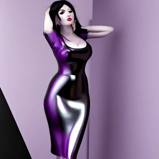 Prompt: curvy feminine goth young woman with dignified tight silver latex-nylon-silk dress, relaxed posture, purple makeup, photorealistic, cgsociety, sublime, 16k, smooth, sharp focus, ArtStation, hyperdetailed, volumetric lighting