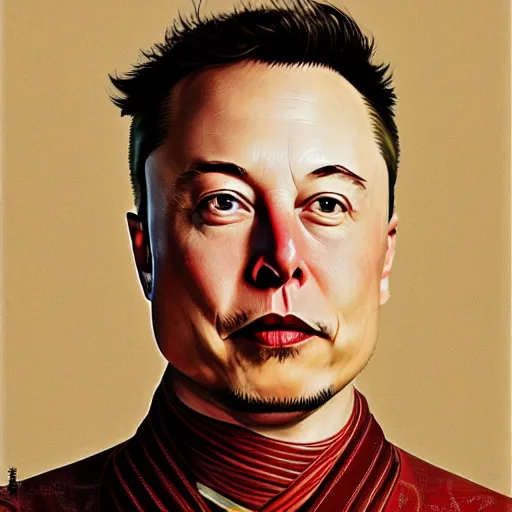 Image similar to Elon Musk wearing an elegant red hanfu with tesla designs, oil on canvas, highly detailed portrait, professional concept art, expressive