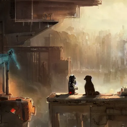 Image similar to a dog and a robot watching destroyed city from a rooftop, painting , beautiful, Concept art