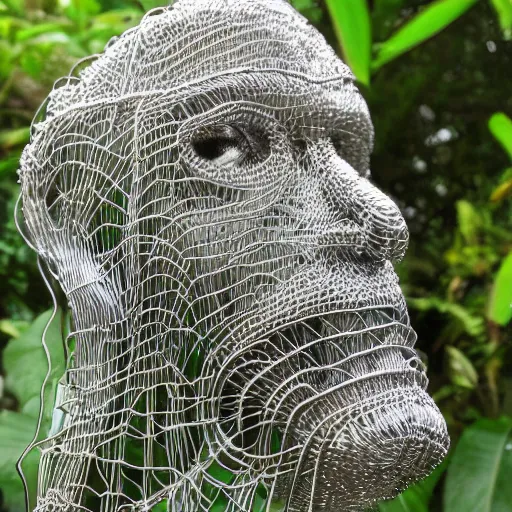 Prompt: realistic detailed silver metal wire sculpture of a towering jungle, first person pov