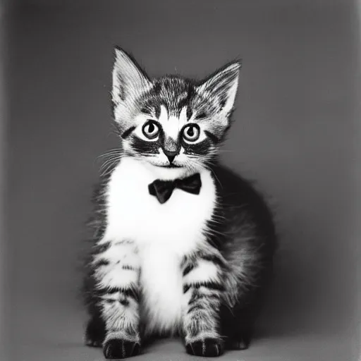 Prompt: a portrait photo of a kitten wearing a tuxedo by edward weston, auto graflex, 2 1 0 mm ƒ / 6 4 zeiss tessar, agfa isopan iso 2 5, pepper no. 3 5, 1 9 3 0, high quality photo, highly detailed, studio lighting, fine - art photography, tack sharp