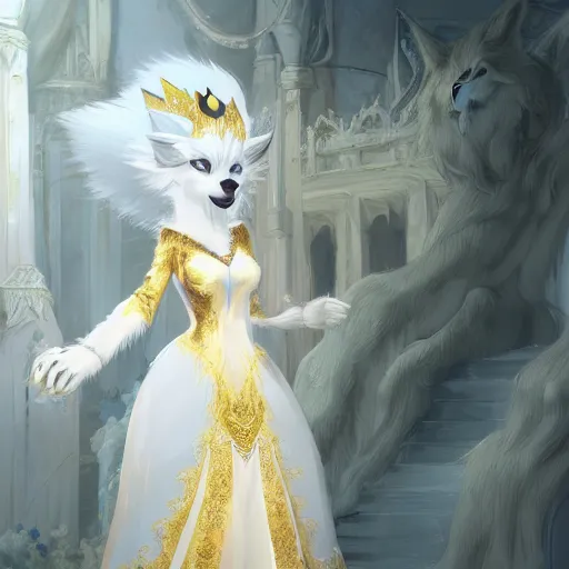 Image similar to full body shot of female anthro furry wolf princess fursona with white hair full wearing a white and gold dress in a white and gold palace, by Wlop and jerry park, artstation, detailed