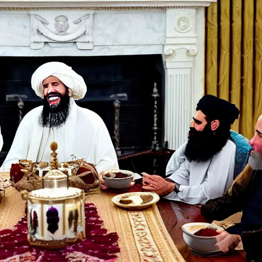 Prompt: 4 k hdr portrait wide angle photo of president joe biden as a taliban muslim leader with a beard laughing at a dinner table meeting surrounded by taliban terrorist leaders