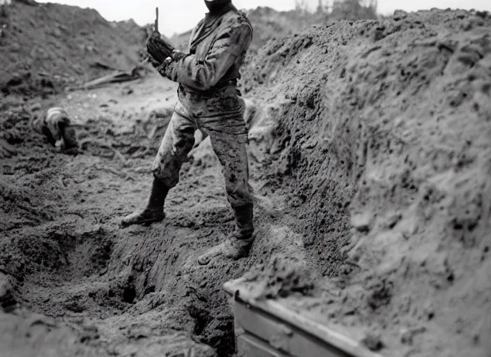 Prompt: a man wearing a dirty gray soldiers uniform living in an 8 foot deep pit made of mud