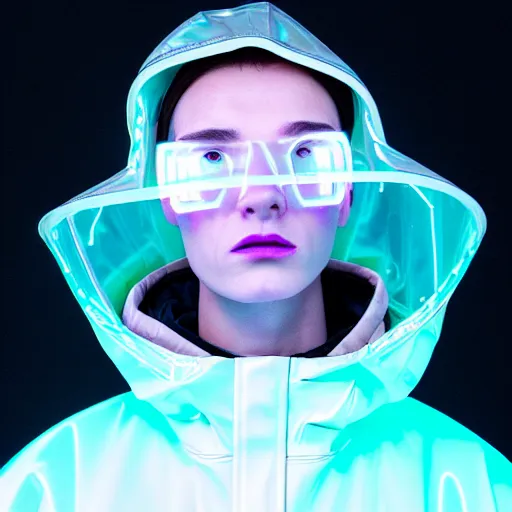 Image similar to an ultra high definition professional studio quality photograph of an artificially intelligent cyberpunk art influencer wearing a transparent iridescent pastel coloured face visor and matching ribbed raincoat on white coat hook in a sheer icelandic black rock environment. dramatic lighting. volumetric shadows. light rays