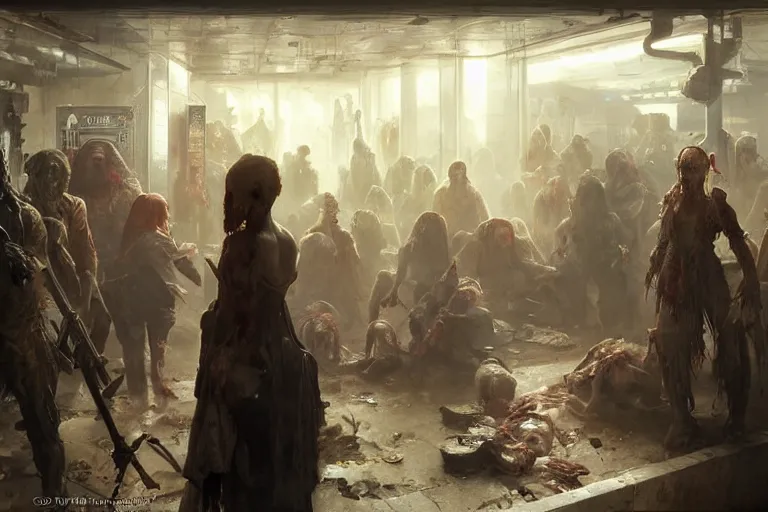 Image similar to painting of zombie apocalypse in subway, ultra realistic, concept art, intricate details, eerie, highly detailed, photorealistic, octane render, 8 k, unreal engine. art by artgerm and greg rutkowski and alphonse mucha