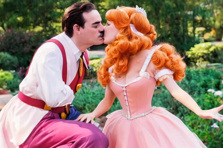 Prompt: a photo of real life mario kissing passionately a real life princess peach