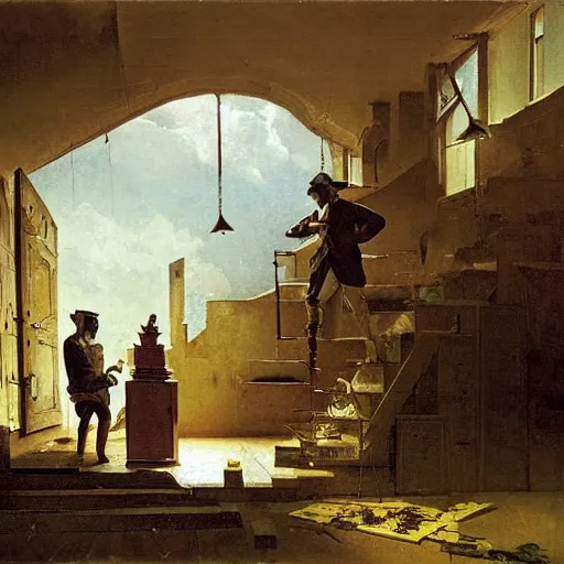 Image similar to young man and woman solving an escape room puzzle by carl spitzweg