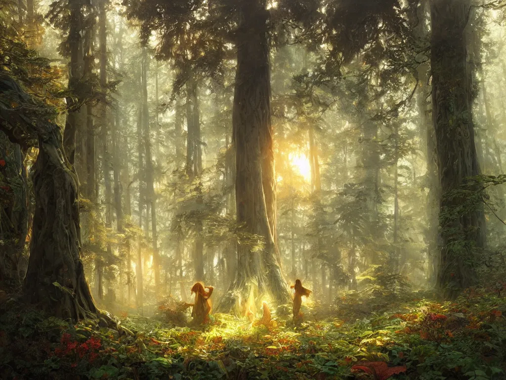 Prompt: Painting of a fantasy forest with mushrooms and thick redwood trees with sun glares and flares bursting through the gaps in the trees, intricate, wild, highly detailed, digital painting, artstation, concept art, smooth, soft focus, illustration, art by artgerm and greg rutkowski and alphonse mucha