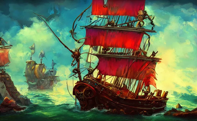 Image similar to pirate ship, storybook, colorful, lush, artstation