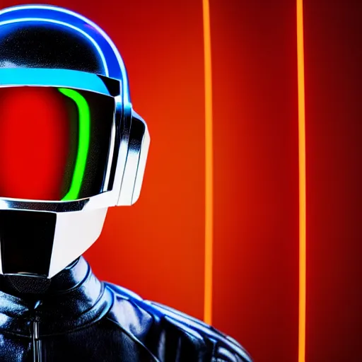 Image similar to daftpunk deluxe humanoid robots front head daftpunk curved screen displaying red glowing Error, his head shows a red glowing Error message, background dark, 40nm lens, shallow depth of field, split lighting, 4k,