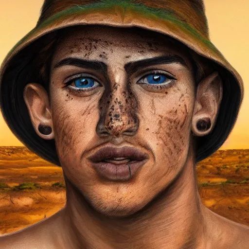 Image similar to a detailed portrait of a tan boy with a face tattoo in the desert, fantasy art illustration, incredibly highly detailed and realistic, 8 k, sharp focus