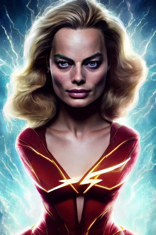 Image similar to majestic and regal portrait of margot robbie female the flash, dc universe, perfect face, beautiful, intricate, epic, elegant, fantasy, highly detailed, digital painting, hard focus, beautiful volumetric lighting, epic light, ultra detailed, by leesha hannigan, ross tran, thierry doizon, kai carpenter, ignacio fernandez rios